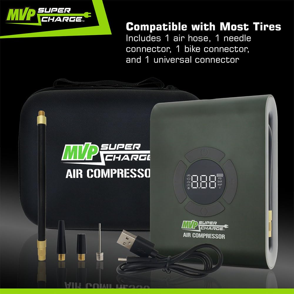 MVPSupercharge Tire Inflator Air Compressor - Rechargeable Li - ion 10000 mAh - Pro - Lift