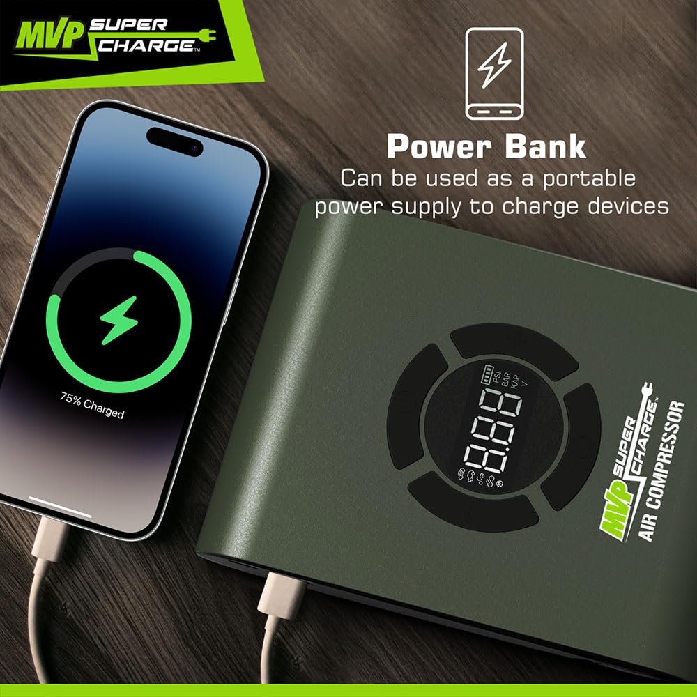 MVPSupercharge Tire Inflator Air Compressor - Rechargeable Li - ion 10000 mAh - Pro - Lift