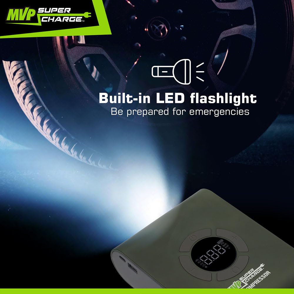 MVPSupercharge Tire Inflator Air Compressor - Rechargeable Li - ion 10000 mAh - Pro - Lift