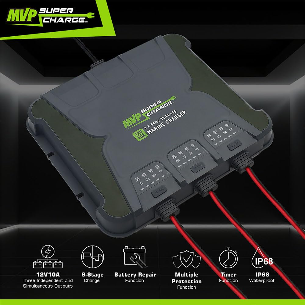 MVP Supercharge Marine Battery Charger - 30A 3 - Bank (10A/Bank) Onboard 12V Waterproof Boat Charger - Pro - Lift