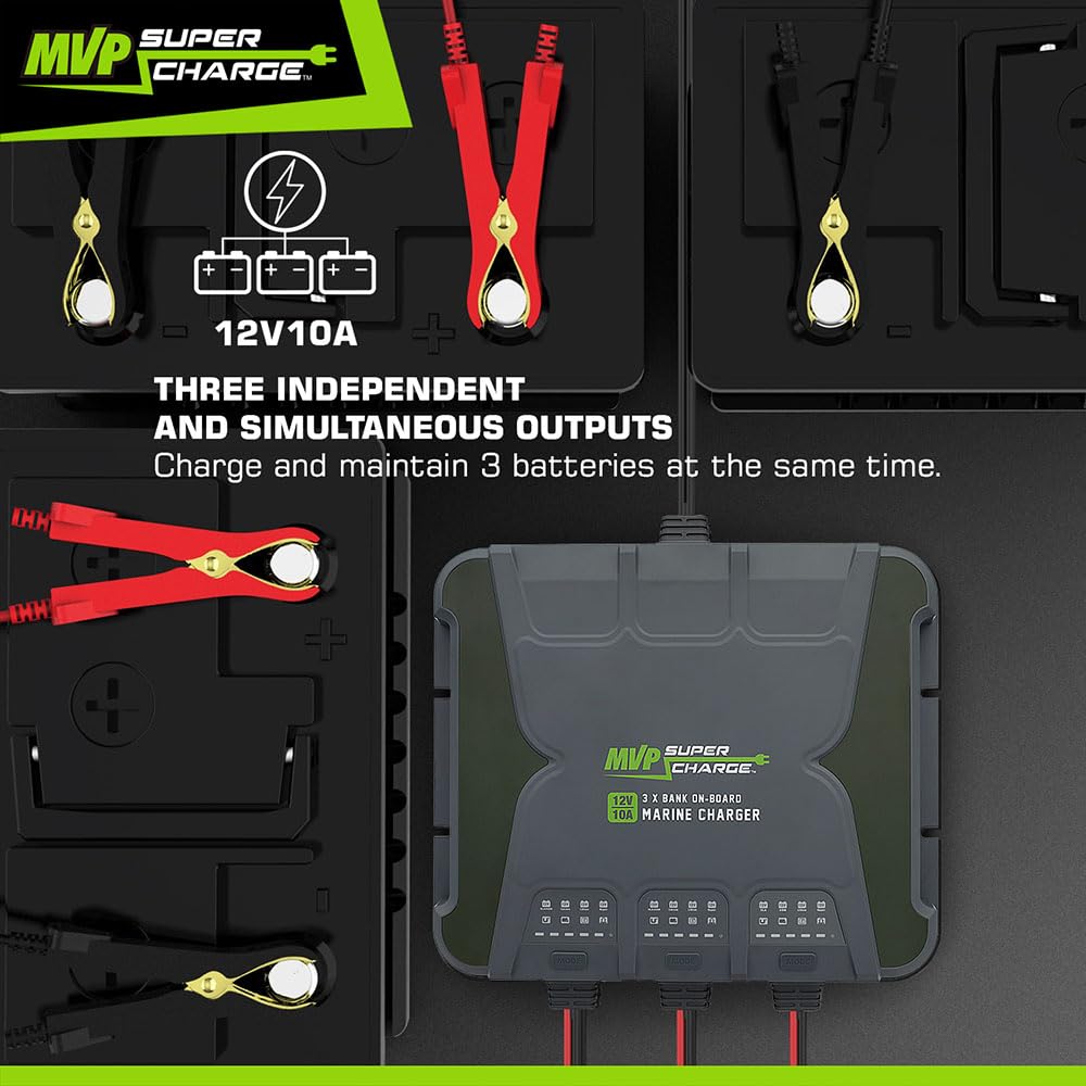 MVP Supercharge Marine Battery Charger - 30A 3 - Bank (10A/Bank) Onboard 12V Waterproof Boat Charger - Pro - Lift