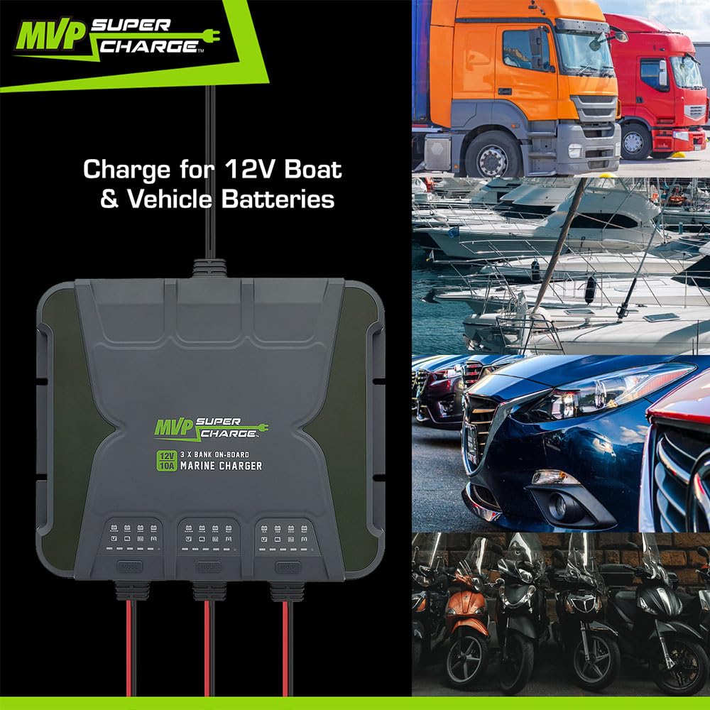 MVP Supercharge Marine Battery Charger - 30A 3 - Bank (10A/Bank) Onboard 12V Waterproof Boat Charger - Pro - Lift