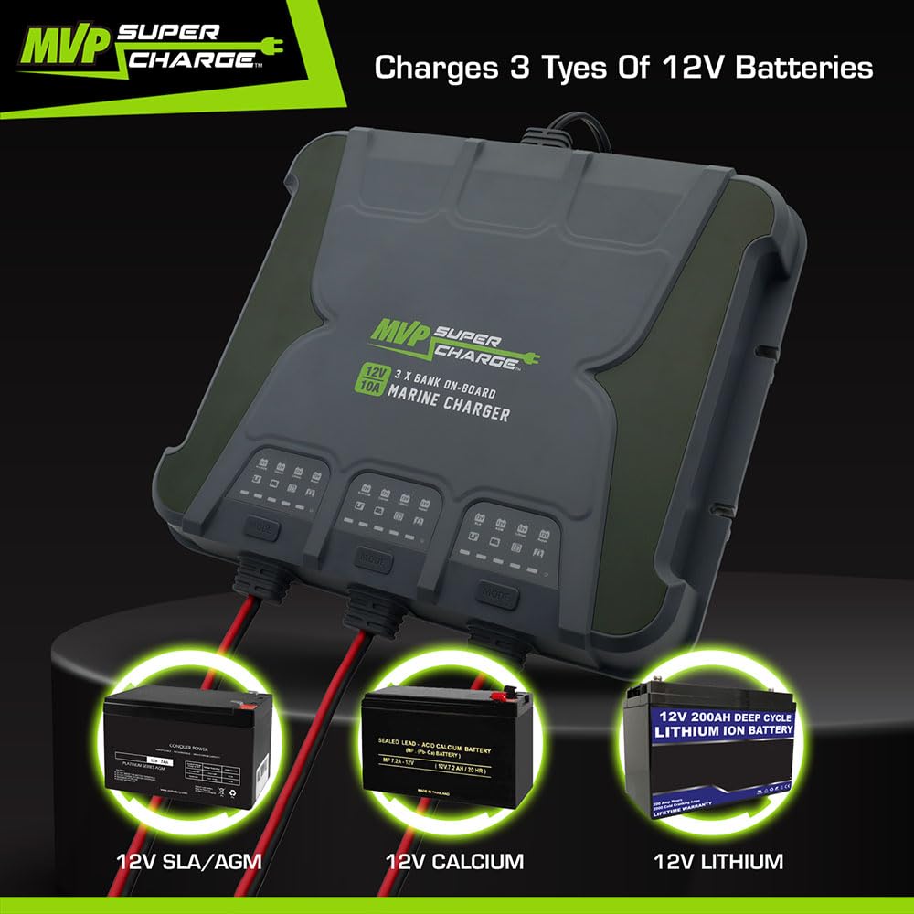 MVP Supercharge Marine Battery Charger - 30A 3 - Bank (10A/Bank) Onboard 12V Waterproof Boat Charger - Pro - Lift