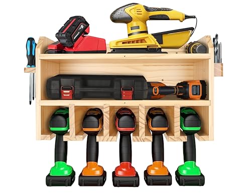 Pro - Lift Cordless Drill Organizer – wall mount power tool storage rack, 5 hanging slots, wooden M - 003W - Pro - Lift