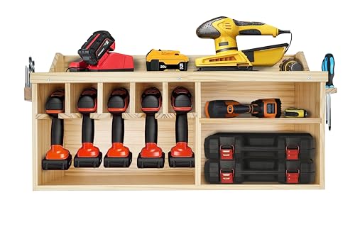 Pro - Lift Cordless Drill Organizer – wall mount power tool storage rack, 5 hanging slots, wooden M - 004W - Pro - Lift