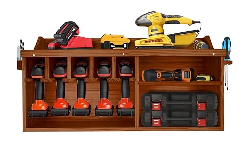 Pro - Lift Cordless Drill Organizer – wall mount power tool storage rack, 5 hanging slots, wooden M - 004W2 - Pro - Lift