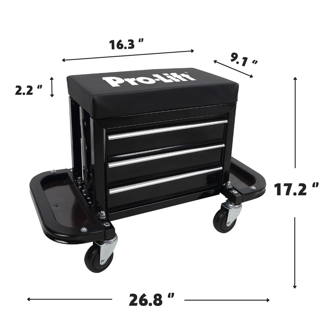 Pro - Lift Mechanic Roller Seat with Tool Box - 3 - Drawer Rolling Tool Chest Stool with Padded Seat Cushion for Garage Creeper – 400 Lbs Capacity - Pro - Lift