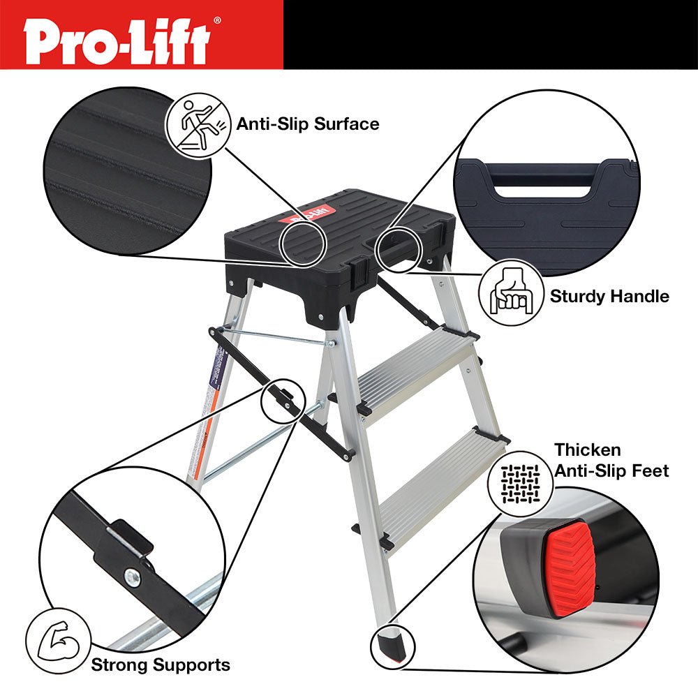 Pro - Lift Three Step Ladder with Storage - Pro - Lift