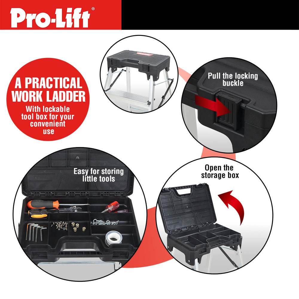 Pro - Lift Three Step Ladder with Storage - Pro - Lift