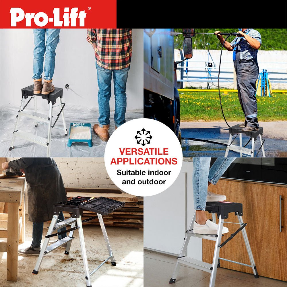 Pro - Lift Three Step Ladder with Storage - Pro - Lift