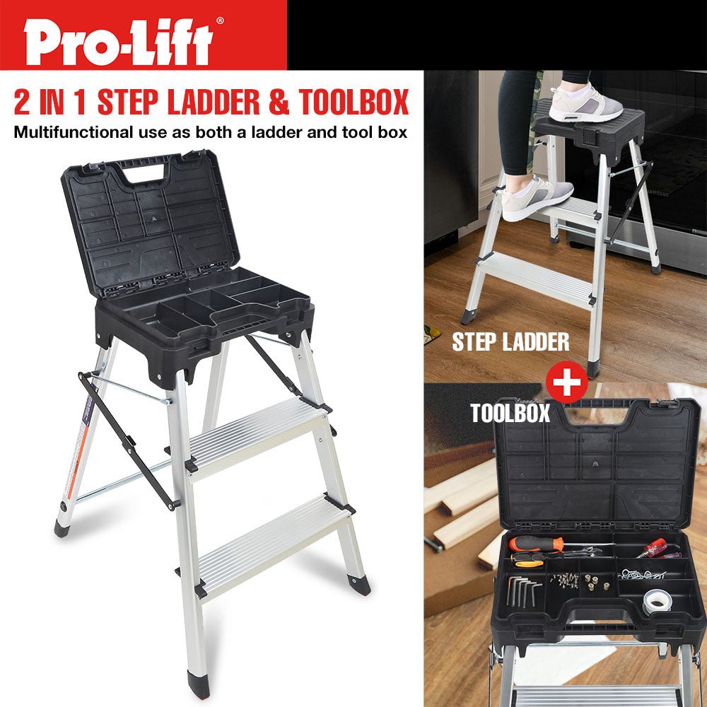 Pro - Lift Three Step Ladder with Storage - Pro - Lift