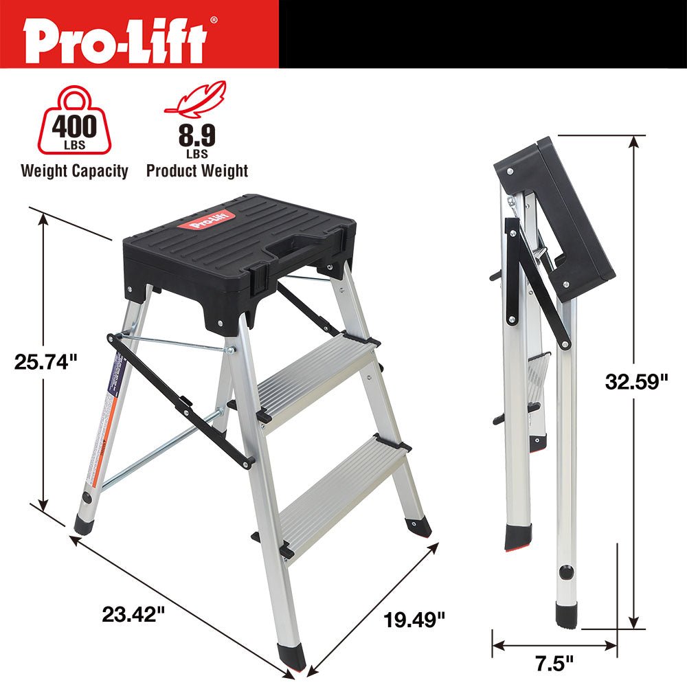 Pro - Lift Three Step Ladder with Storage - Pro - Lift