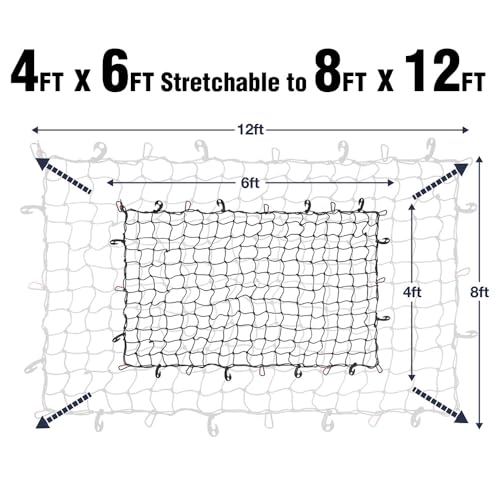 Pro Lift Truck Bed Net – 4' x 6' Cargo Netting Stretches to 8' x 12' Square mesh Grid 4” x 4” - Pro - Lift