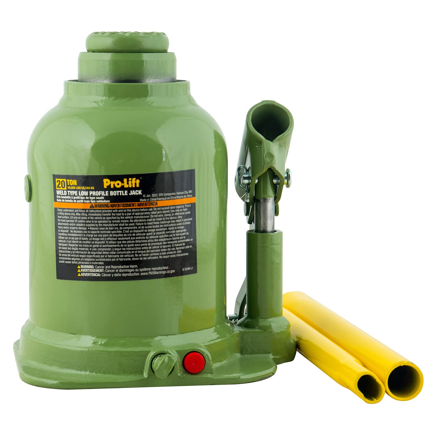 Pro - Lift Welded Bottle Jack 20 Ton - Low Profile (40,000 Lbs) Capacity Hydraulic Lifting with Side Pump Two - Piece Handle - Pro - Lift